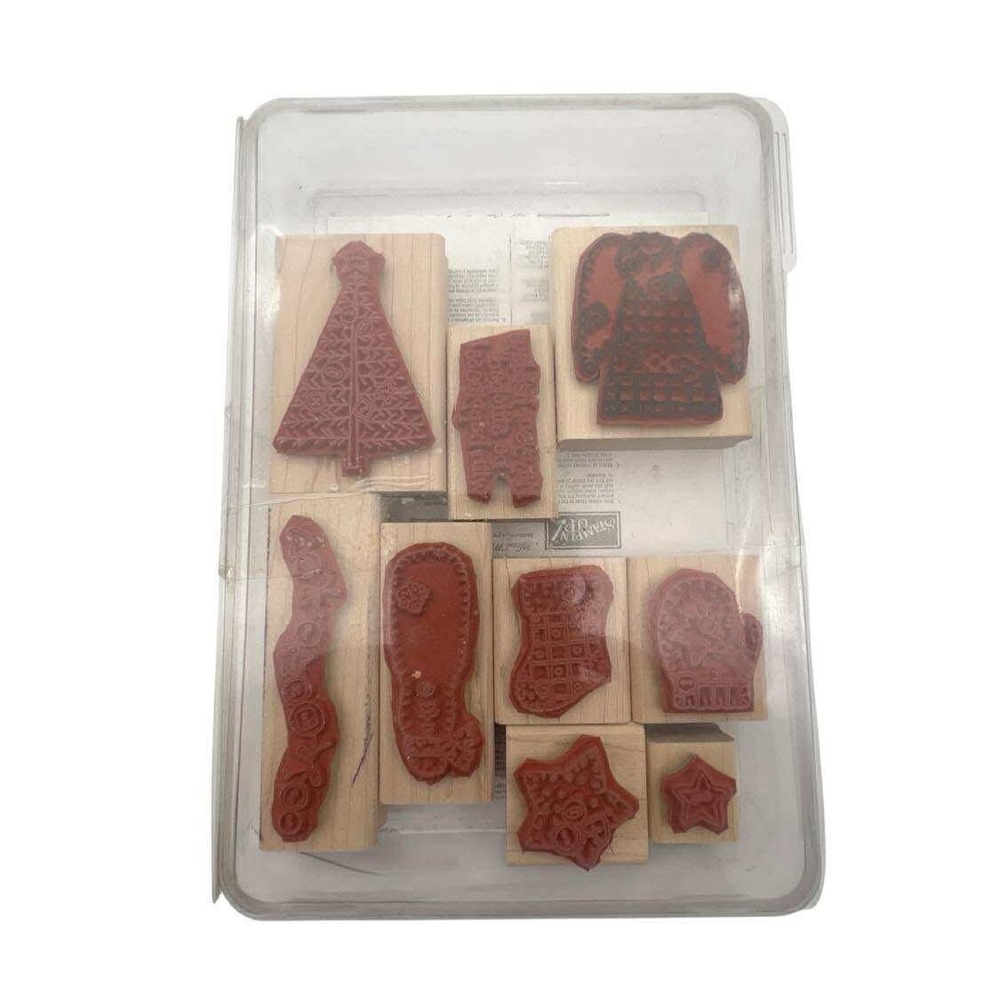 Y2K 2002 Stampin Up Handstitched Holiday Wood Mounted Rubber Stamp 9 Piece Craft